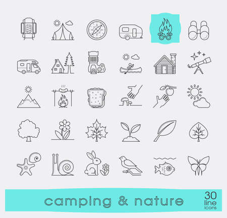 Set of camping and nature icons.  Spending time in nature. Picnic, hiking in the wild. Collection of line outdoor icons. Vector illustration.のイラスト素材