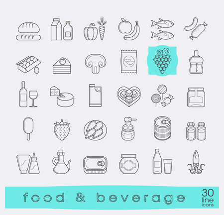 Collection of food and beverage icons.  Set of flat line food stuffs. Vector illustration.のイラスト素材