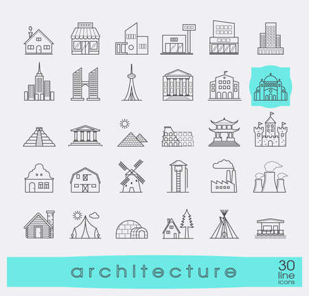 Buildings and architecture icons set.  Various styles and building purposes. Buildings for living and work, monumental buildings. Vector illustration. Collection of line building and landmark icons.のイラスト素材
