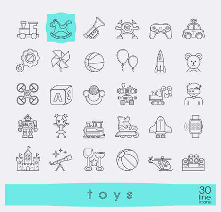 Set of premium quality line toy icons. Play and games icons. Collection of toys for children. Childhood fun vector illustration.のイラスト素材