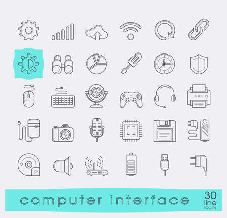 Set of line icons for computer interface. Premium quality vector illustration icons. Collection of icons for web and communication technology.のイラスト素材