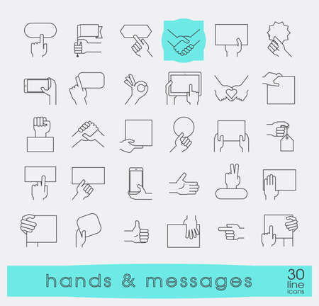 Hands holding messages. Hand gestures. Collection of hands holding blank paper brochure, tablet, mobile phone and various signs. Premium quality outline symbol collection.のイラスト素材