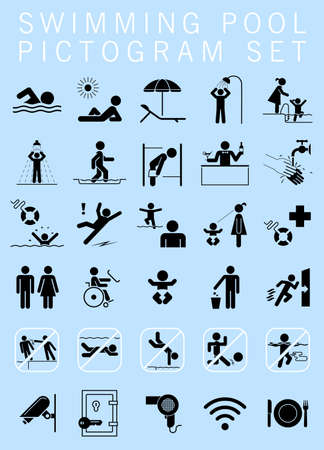 Swimming pool pictogram set. Collection of premium quality pictograms giving information, bans and warnings for swimming pool visitors.のイラスト素材
