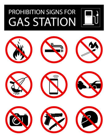 Set of prohibition signs for gas station Collection of signs that forbid certain objects or behavior inside of gas stations.のイラスト素材