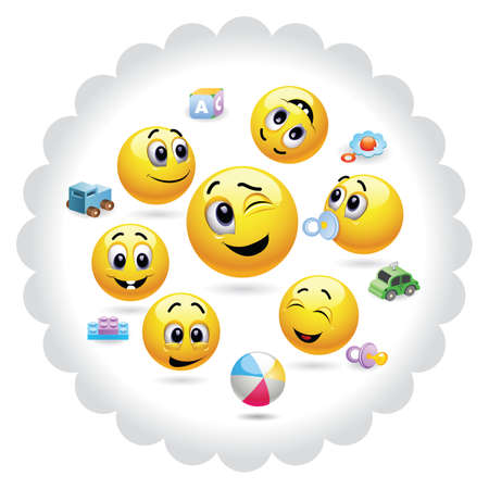 Group of little kids in kindergarten. Nursery. Baby world. Smileys presenting tutor with kids in kindergarten.のイラスト素材