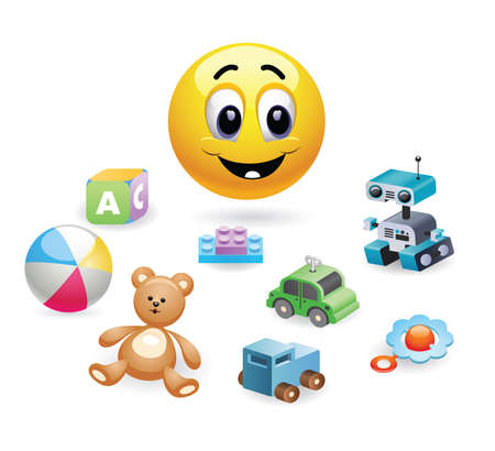 Child playing with toys. Illustration of a smiley baby playing. Baby world. Set of different toys for children.のイラスト素材