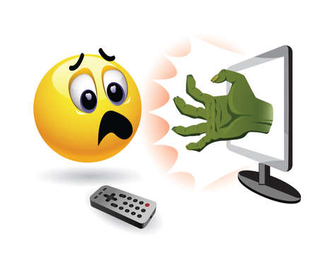 Smiley ball watch horror movie. Zombie hand coming out of TV in front of stunned and frightened smiley.のイラスト素材