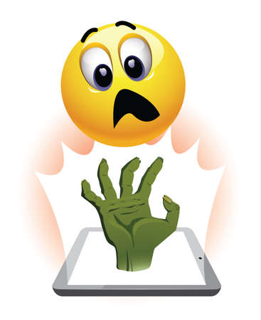 Smiley ball watch horror movie. Zombie hand coming out of tablet in front of stunned and frightened smiley.のイラスト素材