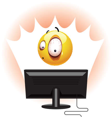 Smiley being shocked while watching horror movie on TV. Smiley ball watching a movie at home.のイラスト素材