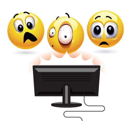 Smiley being shocked while watching horror movie on TV. Smiley being shocked while watching horror movie on TV. Smiley ball watching a movie at home.のイラスト素材