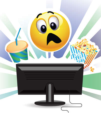 Smiley being shocked while watching movie on TV. Smiley ball watching a TV and eating  popcorn.のイラスト素材