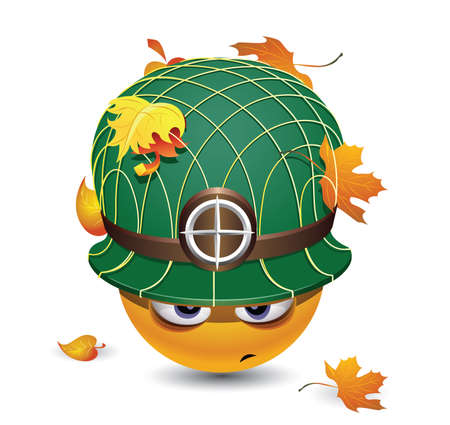 Smiley ball as soldier. Smiley with army helmet covered with leafs.のイラスト素材