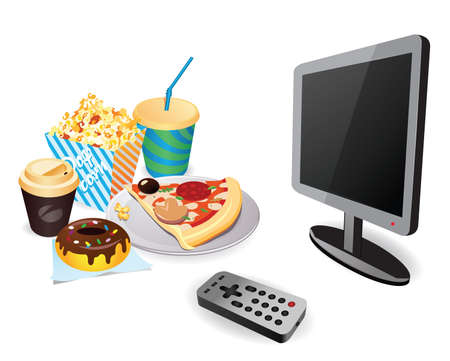 Illustration of TV screen with remote and large amount of fast food. Spending time watching television.のイラスト素材