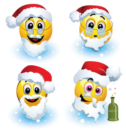 Smileys dressed in various Santa Claus costumes standing on the snow. Smiley celebrating. Smiley being cheerful and having fun at the party.のイラスト素材