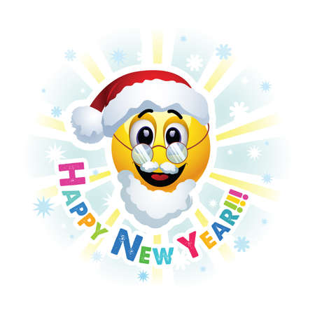 Happy New Year greeting card. Smileys dressed as Santa Claus. Smiley celebrating. Smiley being cheerful and having fun at the party.のイラスト素材