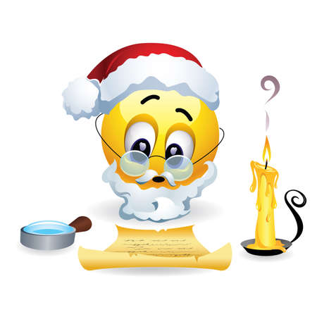 Smiley as Santa Clause reading letters from children. Santa Clause fulfills childrens wishes. Vector illustration.のイラスト素材