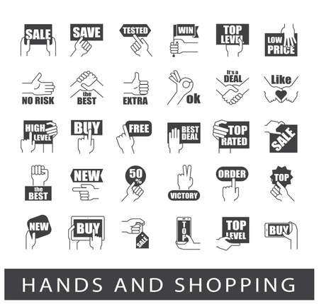 Hand gestures. Set of hand and shopping icons. Premium quality symbol collection.のイラスト素材