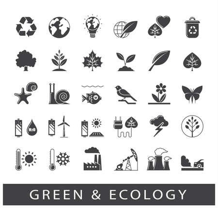 Set of ecology icons. Bio alternative for pollution, prevention of global warming. Green power, nature, preservation, care, social consciousness. Vector illustration.のイラスト素材