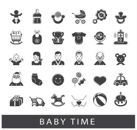 Collection of baby time icons. First year of parenting. Accessories for newborn in the family. Love, care, family life. のイラスト素材