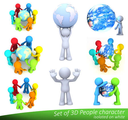 3D people character touching planet Earth isolated on white. Elements of this image furnished by NASA.の写真素材