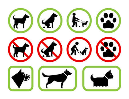 Signs of restriction and permission regarding pet dogs. Set of pet friendly and pet restriction signs providing information for owners on level of tolerance for their pets using public space. Vector no dog poop sign.のイラスト素材
