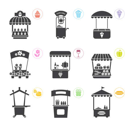 Collection of nine objects for external usage such as promo displays, food stalls, movable and fixed stalls, refrigerators and other sales objects of various design.のイラスト素材