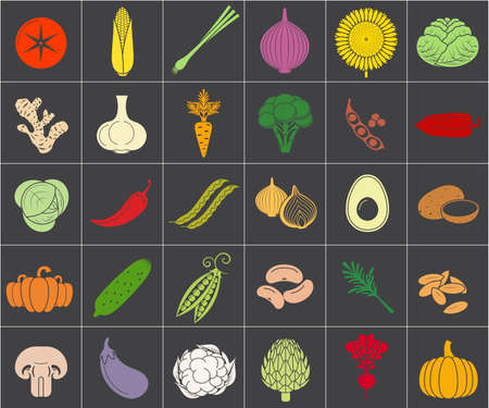 Vegetables web icon set. Food background vector. Organic food. Healthy natural ingredients. Vegan food.のイラスト素材