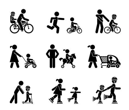 Parents and their kids on the move. Set of pictogram icons representing parents introducing their children with various types of rides.のイラスト素材