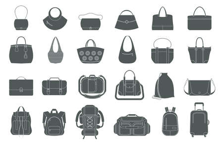 Set of icons of bags and luggage.  Various types of bags ranging from elegant, sports, business and travel bags.のイラスト素材