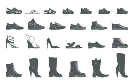 Collection Men's, Women's and children's footwear. Stylish and fashionable shoes, sandals and boots.のイラスト素材