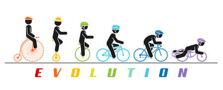 Concept illustration of bicycle developing trough time. Pictogram vector illustration of cyclist riding various types of bicycles and monocycles.のイラスト素材