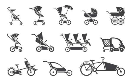 Set of various baby strollers and other types of baby rides.のイラスト素材