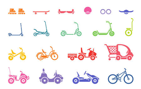 Set of various types childrens vehicles and means of transportation on wheels. Vector illustration of Bicycle, tricycles, skate and other childrens vehicles.のイラスト素材