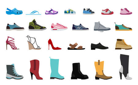 Collection Men's, Women's and children's footwear. Stylish and fashionable shoes, sandals and boots.のイラスト素材