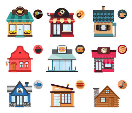 Set of stylized illustrations of restaurant objects. Collection of nine illustrations of restaurants of a various design and purpose from traditional and classic to modern fast food restaurants.のイラスト素材