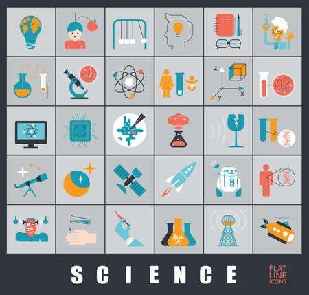 Collection of scientific icons.  Icons of science, ideas, physics, chemistry, astronomy, genetic engineering.のイラスト素材