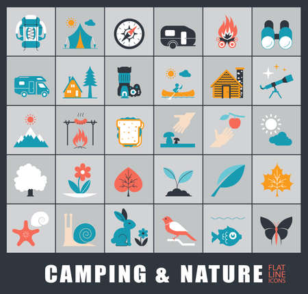 Set of camping and nature icons.  Spending time in nature. Picnic, hiking in the wild. Collection of outdoor icons. Vector illustration.のイラスト素材