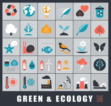 Set of ecology icons. Bio alternative for pollution, prevention of global warming. Green power, nature, preservation, care, social consciousness. Vector illustration.のイラスト素材