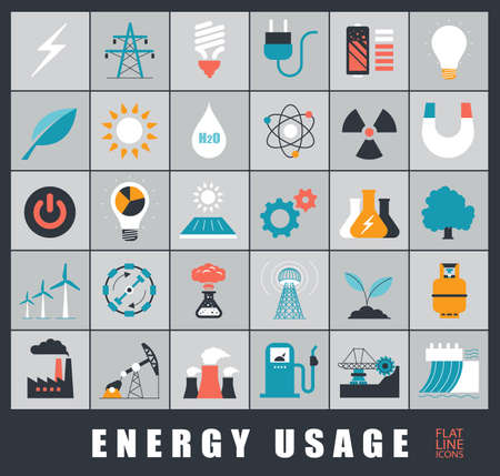 Set of energy icons. Various energy sources. Various kinds of energies for use in industry and everyday life. Solar energy, bio alternative, fuel, electricity, nuclear, wind power, gas. Vector illustration.のイラスト素材