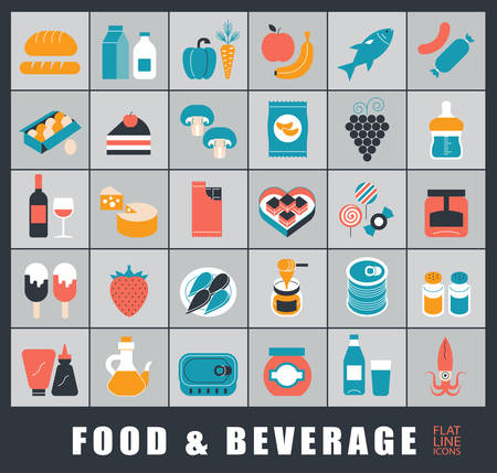 Collection of food and beverage icons.  Set of food stuffs. Vector illustration.のイラスト素材