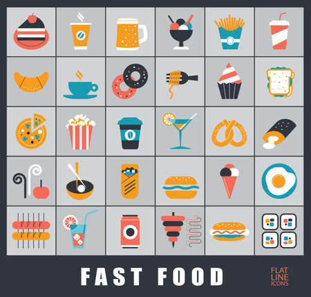 Set of premium quality fast food icons.  Collection of fast food and drink. Vector illustration.のイラスト素材