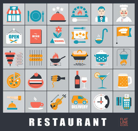 Premium quality kitchen and restaurant icons.  Collection of food and beverage icons.のイラスト素材