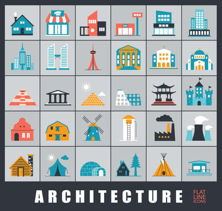 Buildings and architecture icons set. Various styles and building purposes.のイラスト素材