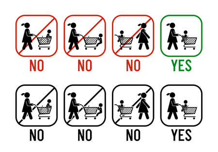 Set of pictograms which represent correct and wrong usage of shopping trolley. Rules on how to ride a child on shopping trolley. Vector illustration.のイラスト素材
