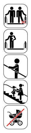 Set of pictograms which represent correct usage of escalator. How to use escalator in a safe way. Vector illustration.のイラスト素材