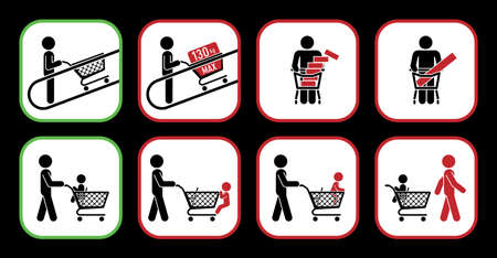 Set of pictograms which represent correct and wrong usage of shopping trolley. Rules on how to ride a child on shopping trolley.のイラスト素材