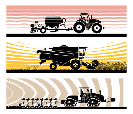 Set of different types of gardening and agricultural vehicles and machines. 
Sowing, mowing, harvesting, planting, agricultural works, soil preparation, arable land.
のイラスト素材