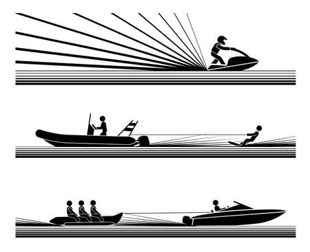 Illustration in form of pictograms which represent amusement and enjoyment in water sports, jet ski, water ski and banana boat ride.のイラスト素材