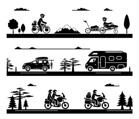 Various types of transport. Illustration in form of pictograms which represent travel by bike, motorcycle, car and with camp trailer.のイラスト素材