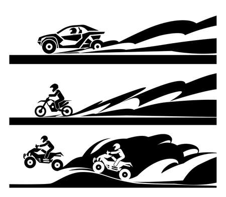 Off-road racing car and motorcycle. Modern extreme adrenaline sports. Concept of different racing sports.のイラスト素材
